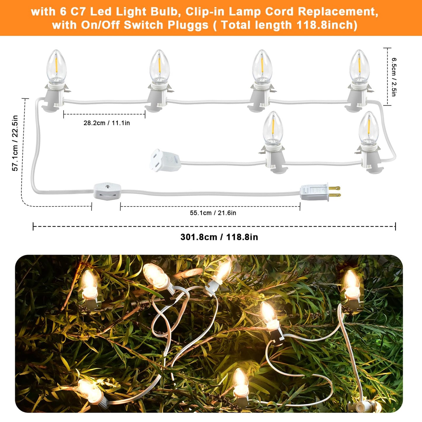 Wltotuay C7 LED Light Bulb Cord Clip Lights, 12 Bulbs, Brass, White, Model 6LED for Christmas and Party Decorations