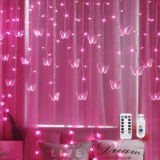 Cynzia 48LED Butterfly Curtain Lights, USB Powered, 8 Modes, 4.9FT, Pink