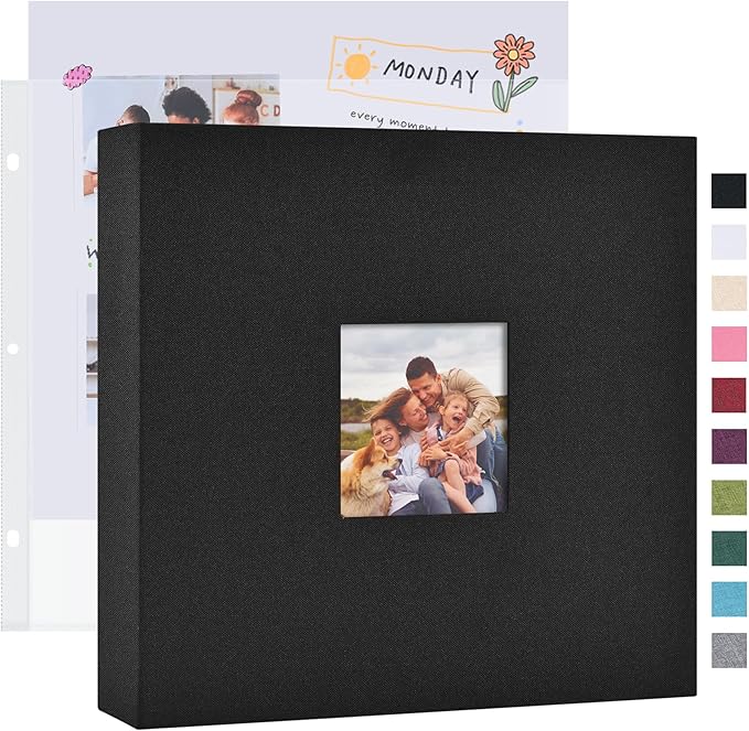 Mublalbum 12x12 Inch DIY Scrapbook Photo Album with 20 Plastic Sleeves 40 Pages Linen Cover 3 Ring Folder Binder for Wedding Baby Family and DIY Projects (Black)