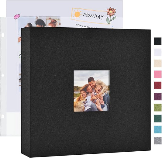 Mublalbum 12x12 Inch DIY Scrapbook Photo Album with 20 Plastic Sleeves 40 Pages Linen Cover 3 Ring Folder Binder for Wedding Baby Family and DIY Projects (Black)