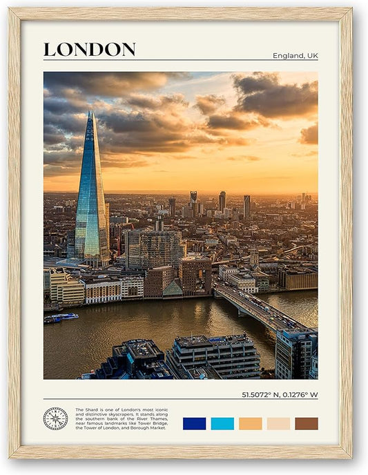 HesenDot Natural OAK Wood Framed London City Wall Art,12x16in Landscape Canvas Wall Print Poster,Classic Urban Landmark Wall Decor for Living Room,Bedroom,Office Gallery Set of 1
