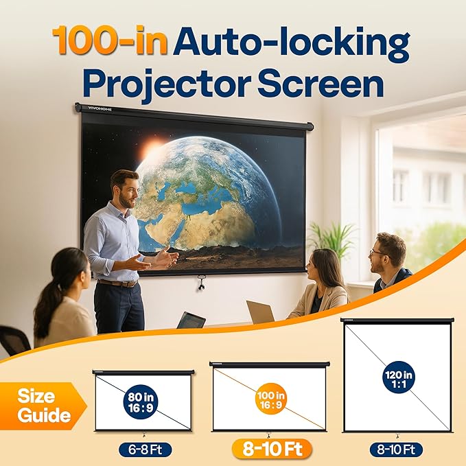 VIVOHOME 100 Inch 16:9 Pull Down Projector Screen, HD 4K Retractable Movie Screen for Indoor Home Theater and Office, Manual Projection Screen with Auto Locking (87W x 49H Inch Display Area)