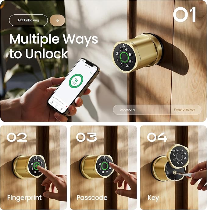 Leydebong 4-in-1 Smart Door Lock with Fingerprint and Keypad - Keyless Entry Electronic Lock with App Control and Mechanical Key - Easy Installation Door Knob with Code in Satin Brass