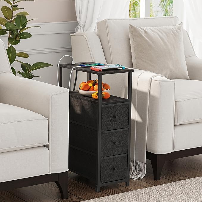 TUTOTAK Narrow Night Stand with Charging Station, Slim End Table with Plugins, Tall Side Table with 3 Fabric Drawer, Small Bedside Table with Storage, Living Room, Bedroom, Black TB01BK086