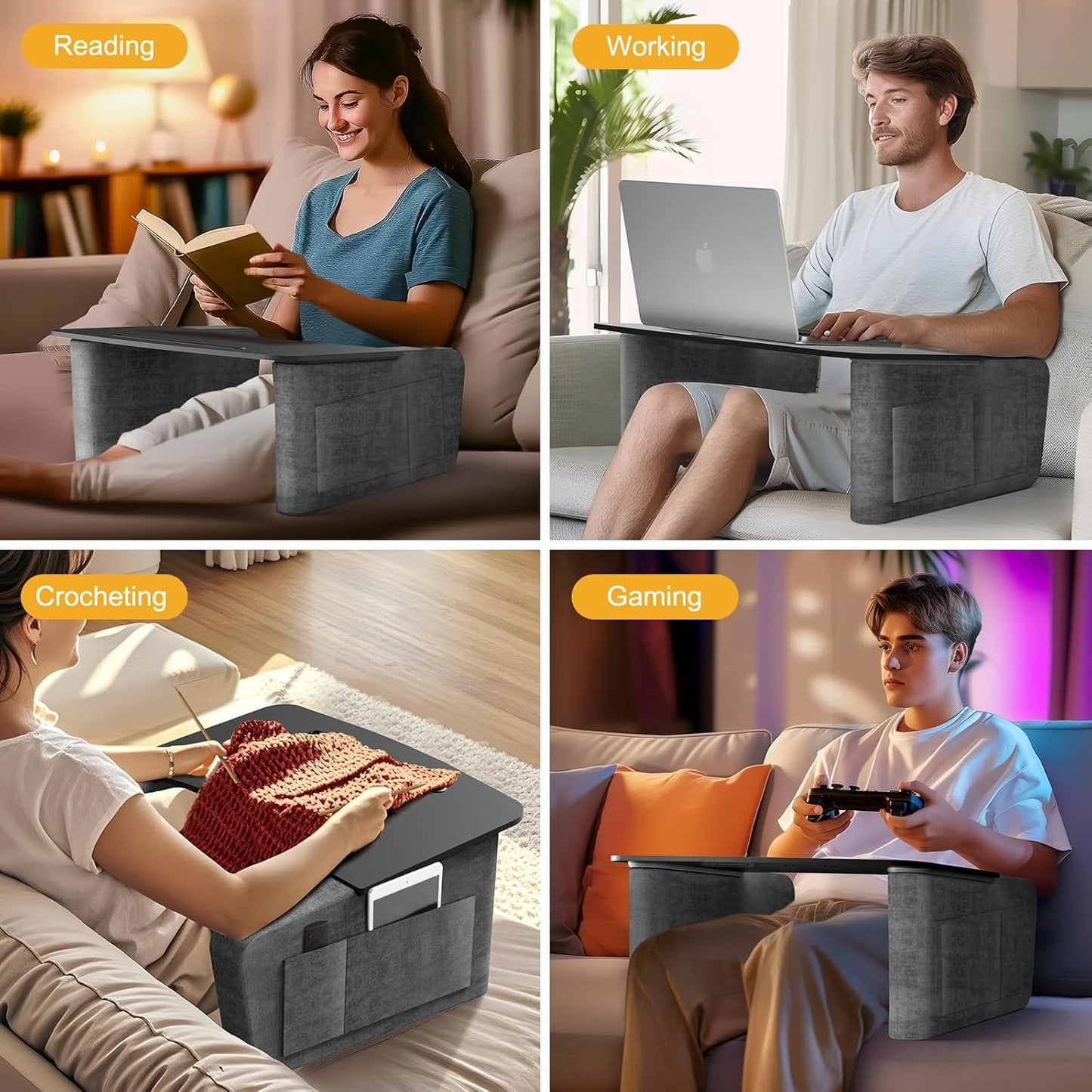 Overbed Table with Tablet and Phone Slot, Over Bed Desk with Arm Rests, Bed Table for Eating and Laptop, Working, Writing in Bed Couch