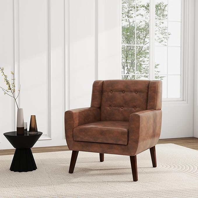 UIXE Faux Leather Accent Chairs Set of 4, Modern Arm Club Chair Upholstered Armchair for Living Room, Comfy Single Sofa Seats Button Tufted Reading Seating, Coffee