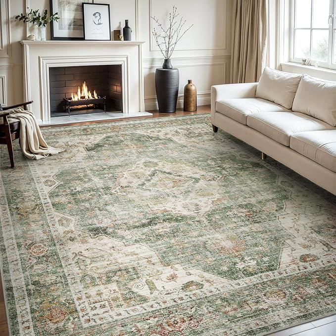 AMOAMI Vintage Soft Green Area Rug - 9x12, Non-Slip, Washable for Living Room, Bedroom, Dining Room, Office
