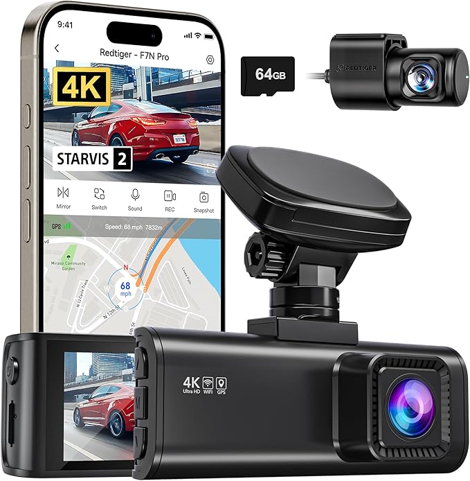 REDTIGER 4K Dash Cam Front and Rear, STARVIS 2 Sensor, 64GB Card Included, 4K/2.5K+1080P Dual Dash Camera for Cars Built-in WiFi GPS, 3.18 Inch IPS Screen, 170° Wide Angle, Parking Monitor (F7N Pro)