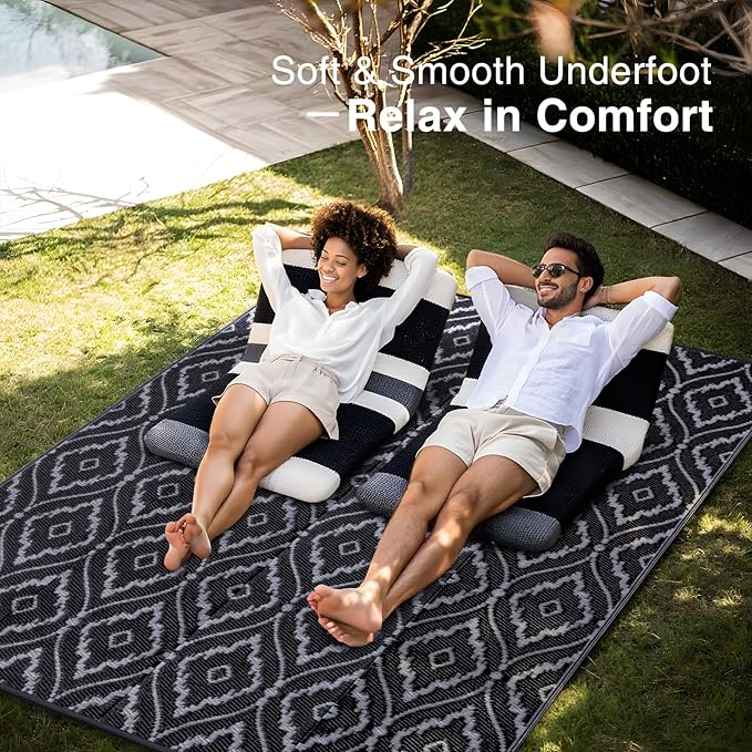 OLANLY Outdoor Rug 6x9 ft Waterproof, Outdoor Plastic Straw Rug with Geometric Pattern Clearance, Reversible RV Mat for Patio, Camping, Balcony, Deck, Backyard, Black & Grey
