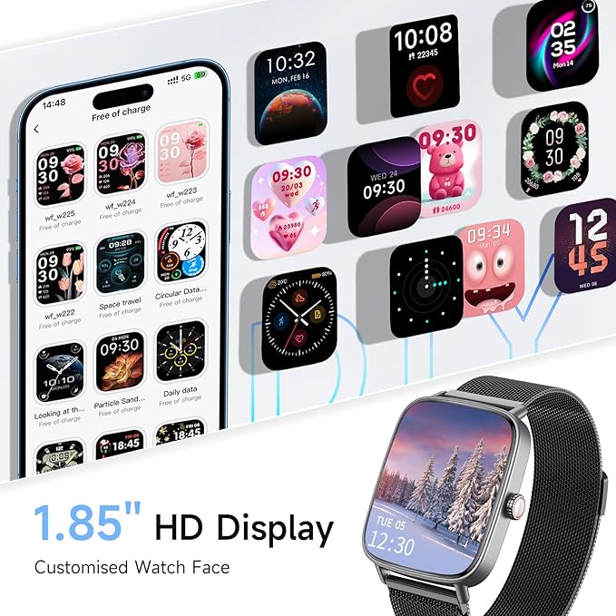 Smart Watch for Women, 1.85" HD Smartwatch Compatible iPhone/Samsung/Android (Answer/Make Calls), 100+ Sport Modes Fitness Tracker with Heart Rate/Sleep/SpO2 Monitor, IP68 Waterproof, Metal Band