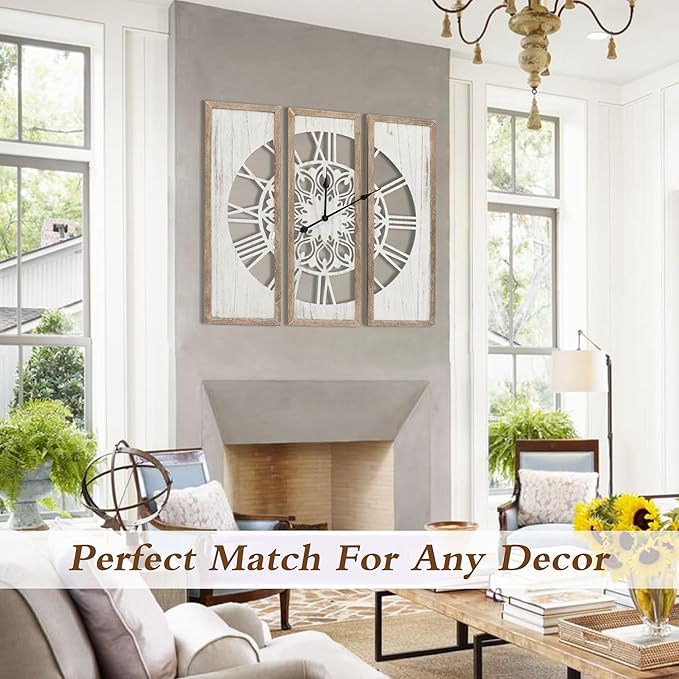 RiteSune Unique 30" Wall Clock for Living Room Decor, Oversized Farmhouse Wall Clock Battery Operated, Triptych Panel Wooden Large Clock Wall Art for Bedroom Entryway