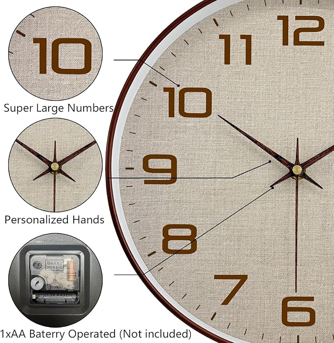 Woodgrain Wall Clocks Battery Operated 12 Inch with Linen Texture Face, Large Number Silent Digital Wall Clock, Non Ticking Analog Clock for Bedroom Living Room Bathroom Kitchen Office,Brown