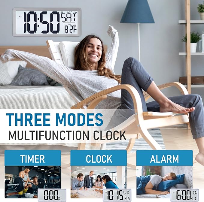 TXL Silver Large Digital Wall Clock with Backlight, 14.2" Battery Operated Alarm Clock with Day, Date & Temperature, Large Wall Clock for Classroom,Bedroom, Livingroom, Office，（Battery Included）