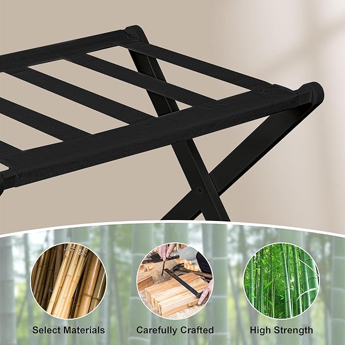 VASMIA Luggage Rack, Folding Suitcase Stand with Storage Shelf,Bamboo Luggage Stand for Guest Room,Bedroon and Hotel,Holds up to 131 lb,Fit Most Luggage Size,Black