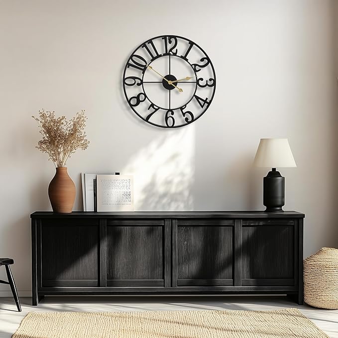 Large Wall Clocks for Living Room Decor, 16 Inch Round Black Metal Silent Non Ticking Battery Operated Jumbo Numerals Modern Vintage Decorative Clock Wall for Bedroom,Kitchen,Office,Farmhouse