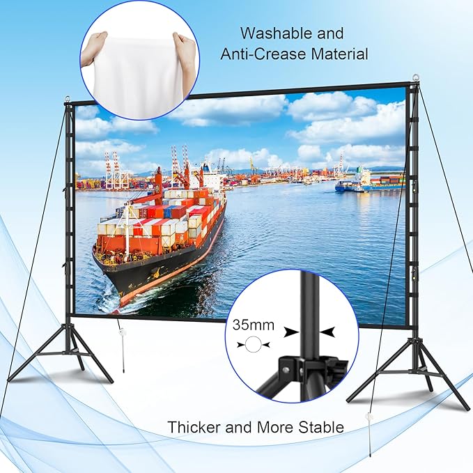 200 inch Projector Screen with Stand,HUANYINGBJB Outside Projection Screen, Portable 16:9 4K HD Rear Front Movie Screen with Carry Bag for Theater Backyard Movie Night,Cinema School, Churches