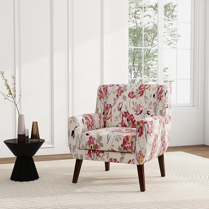 UIXE Floral Accent Chair, Modern Upholstered Armchair in Fabric for Living Room, Comfy Club Arm Chairs Single Sofa Button Tufted Bedroom Reading Seat - Pattern White, Set of 1