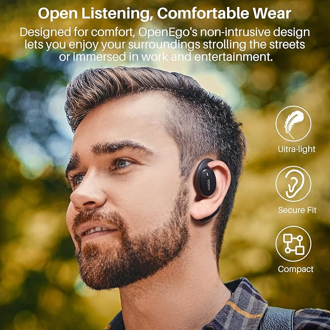 TOZO OpenEgo Open Ear Earbuds Bluetooth Headphones, AI Translation Wireless Earbuds with Real-Time 100+ LanguagesTranslation, 80Hrs Playtime, Digital Display, AI Clear Calls, Comfortable Wear, Black