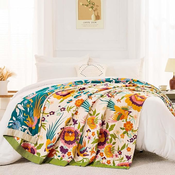 Boho Throw Blanket for Bed, 100% Cotton Soft Rustic Quilt Fall Blanket, 50"x60" Colorful Floral Printed Farmhouse Decor Bed Blankets, All Season Rustic Reversible Bohemian Throw Quilt