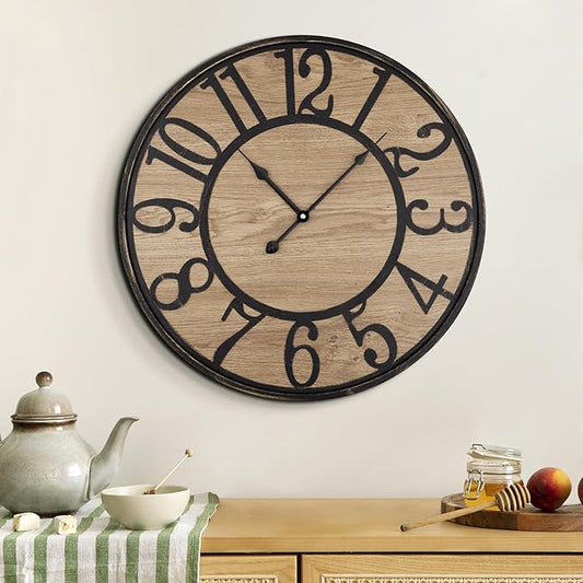 Maxstar Wall Clock Silent Bronze Rustic Farmhouse Metal & Wood with Arabic Numeral, Battery Operated Wall Clocks Decorative for Living Room Bedroom Office Home Decor 13inch