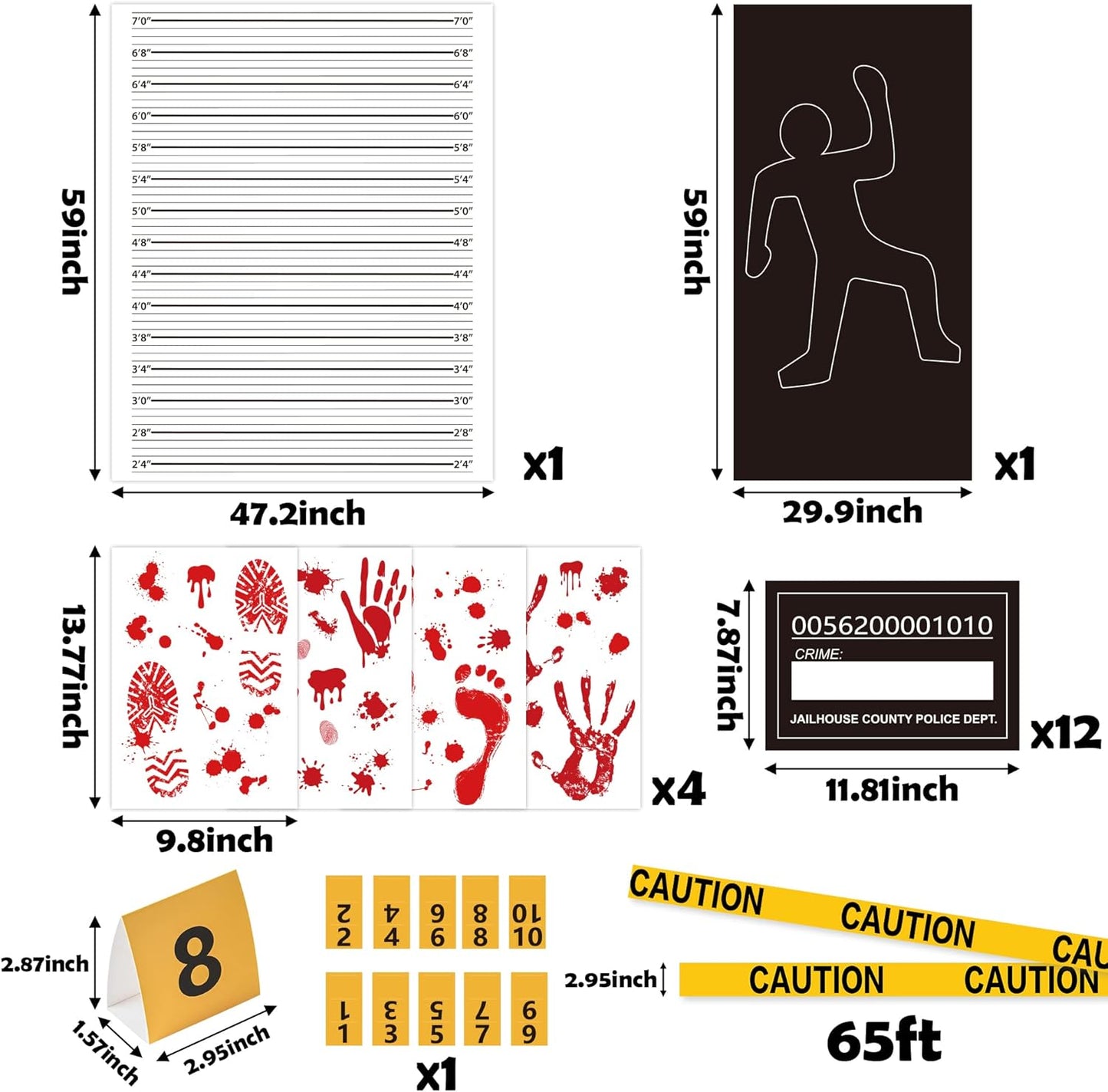 TICIAGA 29pcs Crime Scene Decors Kits, Body Silhouette Crime Scene Tape Evidence Markers and Bloody Sticker and Photo-Booth Props with Height Chart Backdrop Poster, Home for Crime Scene Party Decors