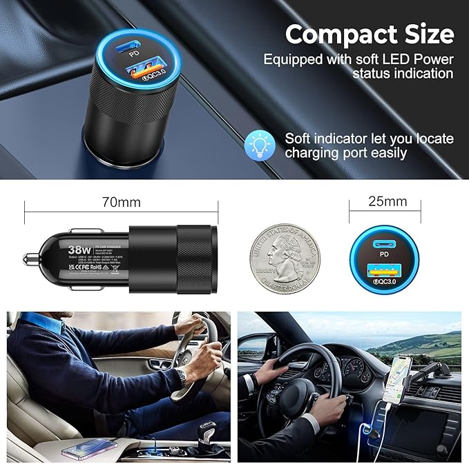 6 Pack USB C Car Charger, Ancekoy 38W Dual USB-C + USB-A Car Charger Adapter Fast Charge PD/QC 3.0 Cigarette Lighter Adapter USB Charger Plug for iPhone 17/16/15/14/13/12/11/Pro Max, iPad, Samsung