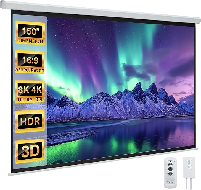 YODOLLA 150" Projector Screen Motorized 16:9, 4K HD Pull Down Retractable Projection Screens Electric Automatic Wall Ceiling Movie Screen for Office Classroom Indoor with Remotes