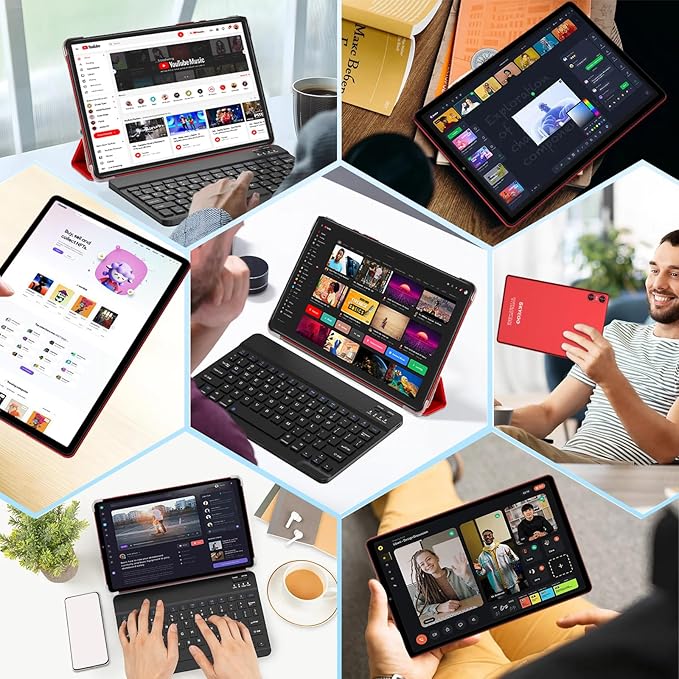 2025 Android 15 Tablet with Keyboard, 10.1 Inch Tablets FHD Display 30GB RAM 64GB ROM 1TB Expand, Octa-Core 2.0GHz, Widevine L1, 6000mAh Battery, 5G WiFi & GPS, Gemini AI, 2-in-1 Tableta PC - Red