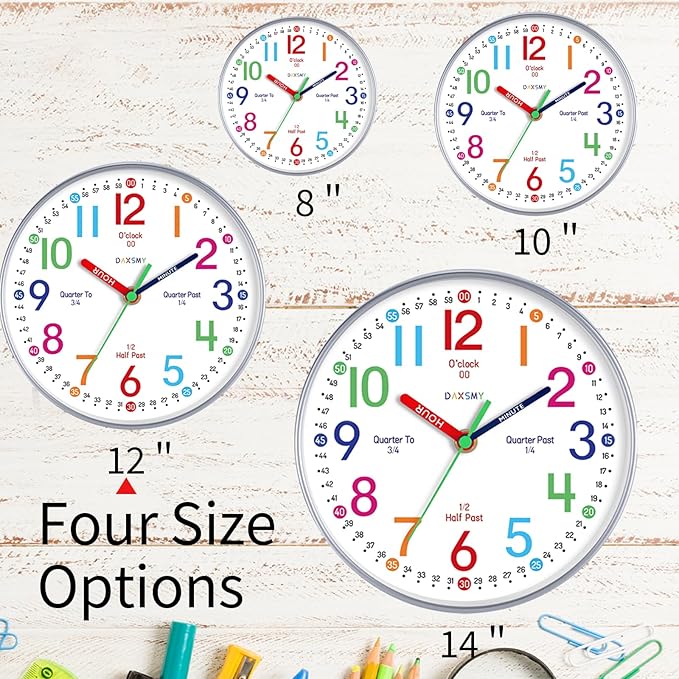 Wall Clock for Kids Learning to Tell Time Easily Non Ticking Battery Operated Kids Teaching Clock Silent Colorful Teaching Time Clock Decorative for Kids Room Classroom School (12 Inch)