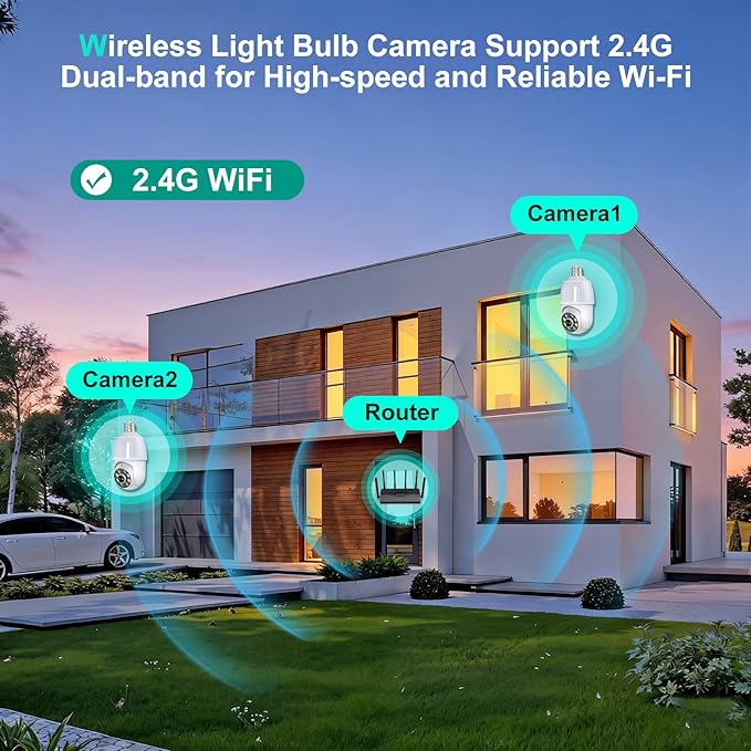 52HZ 2K Light Bulb Security Camera, 5G&2.4GHZ WiFi Lightbulb Security Cameras Wireless Outdoor Indoor, Two-Way Talk, Human Detection, Color Night Vision, Light Socket Security Camera Work with Alexa