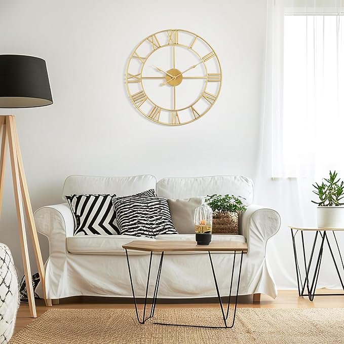 Large Wall Clock - 40cm/ 16 Inches Silent Non-Ticking, Battery Operated, Gold Vintage Decorative Modern Metal Wall Clocks for Living Room, Bedroom, Office, Farmhouse Decor