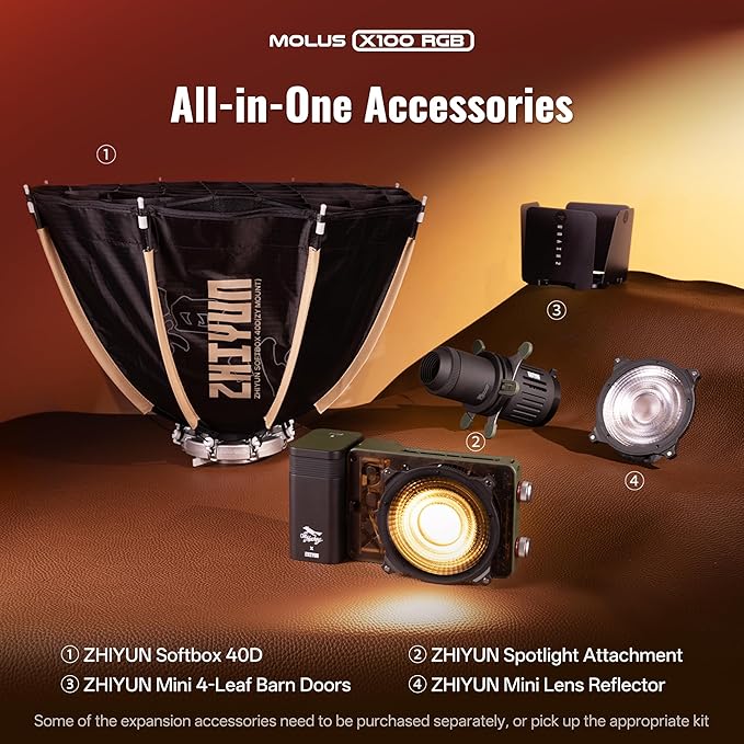 ZHIYUN MOLUS X100 RGB Standard 100W Video Light [Official] V2 Upgraded Version Professional Photography Light Portable Continuous Output Lighting 2500K~10000K CRI≥95 TLCI≥97 Only 384g (No Battery)