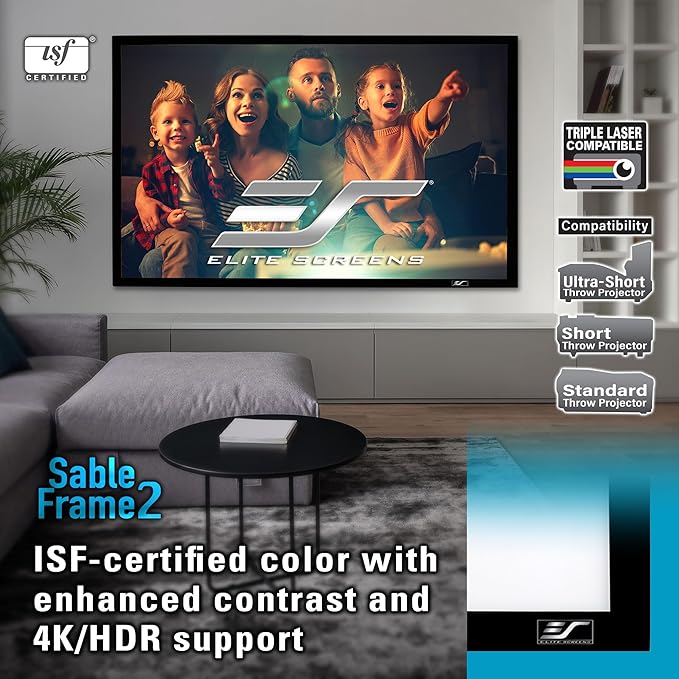 Elite Screens 180 inch Projector Screen 16:9, Wall Mounted Fixed Frame , 8K/4K UHD & Active 3D Ready, ISF-Certified Material for Home Theater, Office & Indoor Presentations, Sable Frame 2, ER180WH2