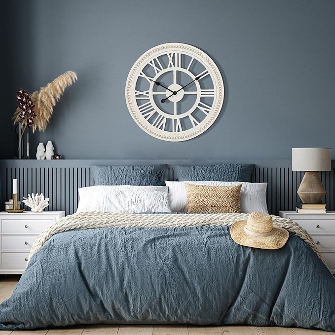 RiteSune 24 Inch Large Farmhouse Wall Clock, Rustic Wall Clock Decor, Wooden, Non-Ticking, Easy to Hang for Living Room, Bedroom, Kitchen