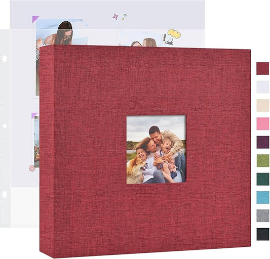 Mublalbum 10x10 Inch DIY Scrapbook Photo Album with 20 Plastic Sleeves 40 Pages Linen Cover 3 Ring Folder Binder for Wedding Baby Family and DIY Projects (Red)