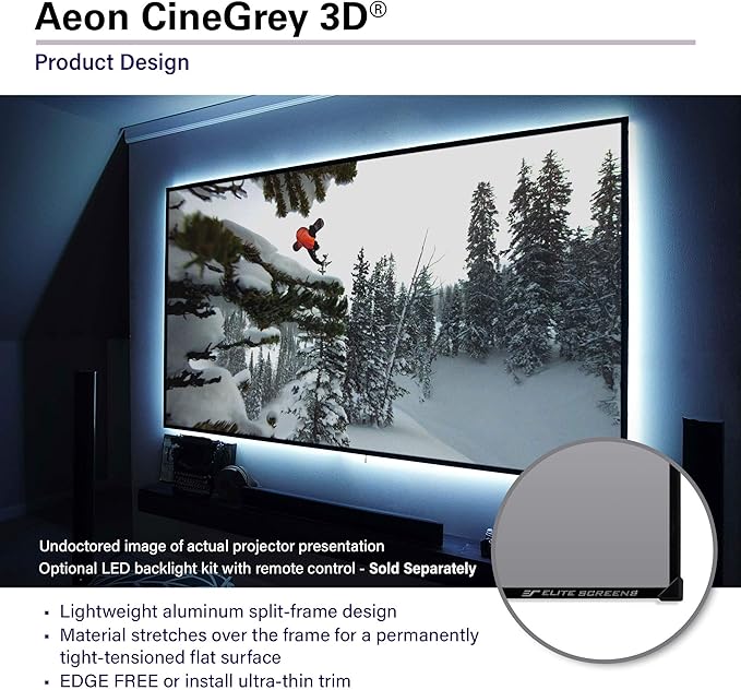Elite Screens Aeon CineGrey 3D, 92" Fixed Frame CLR/ALR Projector Screen 16:9, Standard Throw Projection, Edge Free Ceiling & Ambient Light Rejecting, Wall-Mounted, for Movie Home Theater, AR92DHD3
