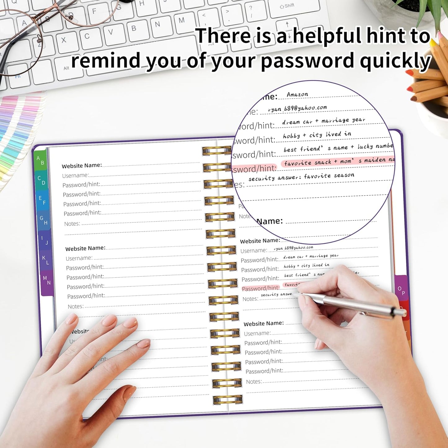 Password Book with Alphabetical Tabs, Password Keeper Book for Seniors, 5.8" X 8.2" Medium Size Password Notebook, Spiral Hardcover Password Journal Logbook for Website Logins, Purple