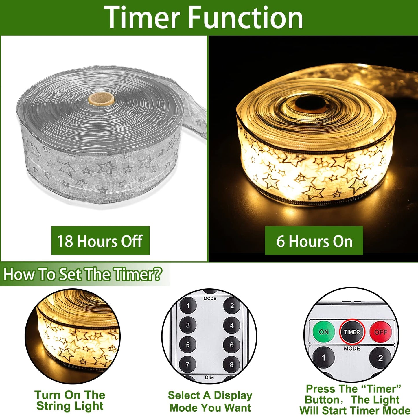 TURNMEON Christmas Ribbon Lights - 40 Ft, 120 LED, Timer & Remote Control, Warm Lights, Silver Ribbon, Model TAS-TO-7-W-US1