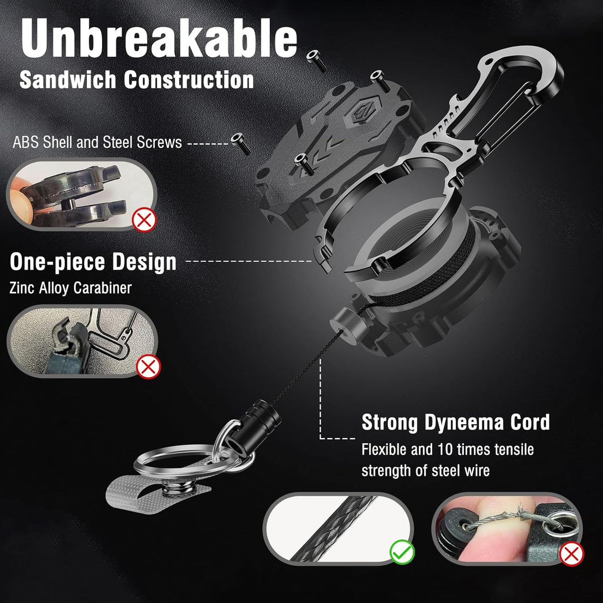 2Pack Heavy Duty Retractable Keychain, Tactical ID Badge Holder Reel Carabiner Clip with Magnetic Closure for Men, Unbreakable Sandwich Construction with 31" Dyneema Cord, Bearing 25oz