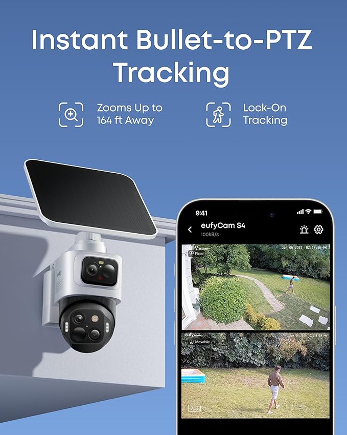 eufy Security eufyCam S4 4-Cam Kit, Solar Security Camera Wireless Outdoor, Triple Lens Bullet-PTZ Cam, 4K UHD, 360° Pan and Tilt, Auto Track, 8× Hybrid Zoom, Color Night Vision, Expandable Storage