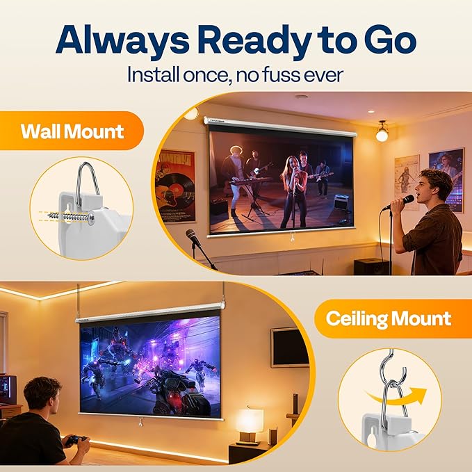 VIVOHOME 80 Inch 16:9 Pull Down Projector Screen, HD 4K Retractable Movie Screen for Indoor Home Theater and Office, Manual Projection Screen with Auto Locking (70Wx40H Inch Display Area)