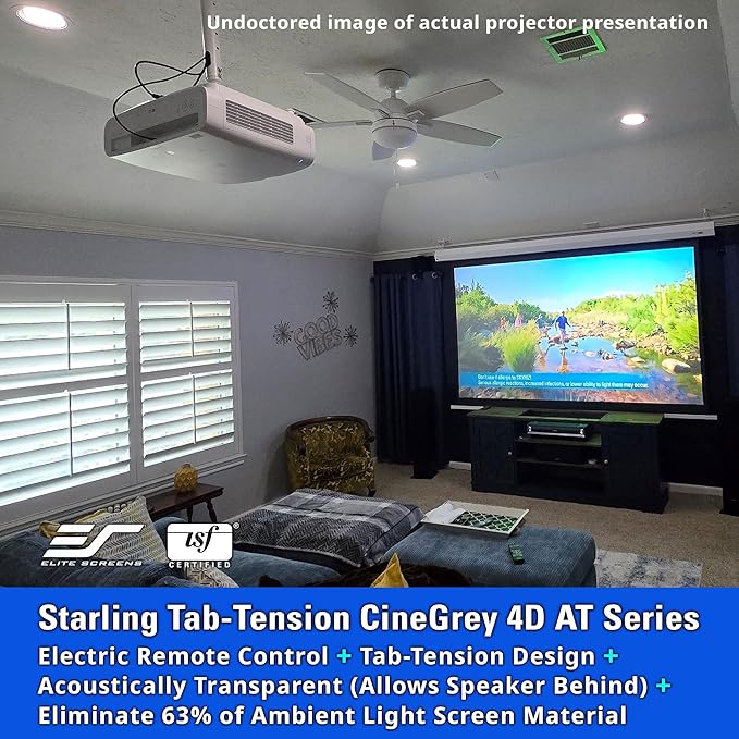 Elite Screens 110-Inch Motorized Projector Screen 16:9, CineGrey 4D at CLR/ALR, Acoustically Transparent, ISF Certified, Tab-Tensioned Electric Drop Down for Home Theater, STT110XHD4AT-E12