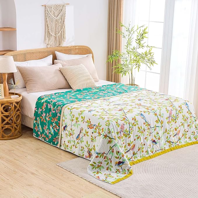 Boho Throw Blanket for Bed, 100% Cotton Soft Rustic Quilt Fall Blanket, 80"x90" Floral Printed Farmhouse Decor Bed Blankets, All Season Rustic Reversible Bohemian Throw Quilt