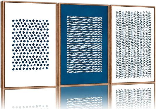 Tinonedraw Navy Blue and White Framed Canvas Wall Art Set, Minimalist Geometric Wall Decor, Neutral Abstract Artwork, Cozy Contemporary Art Prints for Bedroom Living Room Office Above Bed 24"x36"x3