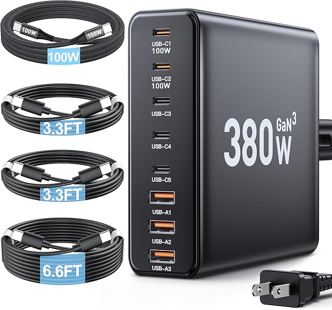280W USB C Charger Block,with 4 USB Cables 8-Port USB C Charging Station Dual 100W Laptop Charger Fast Charger Type C Charging Block for MacBook Pro, Dell XPS, iPhone, iPad, Tablet (Bright Black)