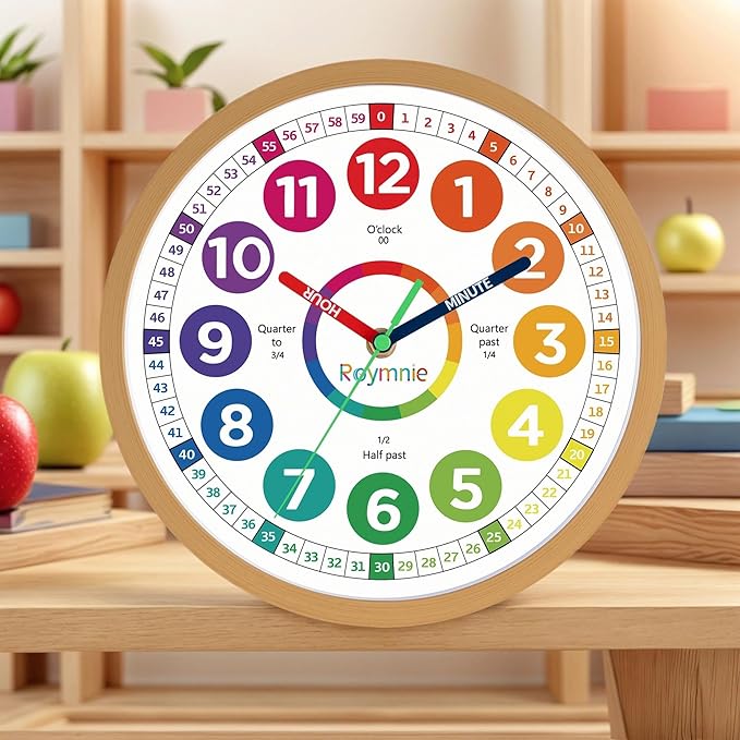 Roymnie14 Inch Wall Clock for Kids Learning to Tell Time Large Analog Silent Battery Operated Teaching Clock Silent Colorful Teaching Time Ideal Gift for Kids Room School