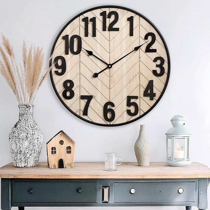 24 Inch Large Wall Clock for Living Room Decor, Rustic Wooden Farmhouse Wall Clock with Black Metal Frame, Battery Operated Non-Ticking Silent Wall Clocks for Home Decor (Brown)