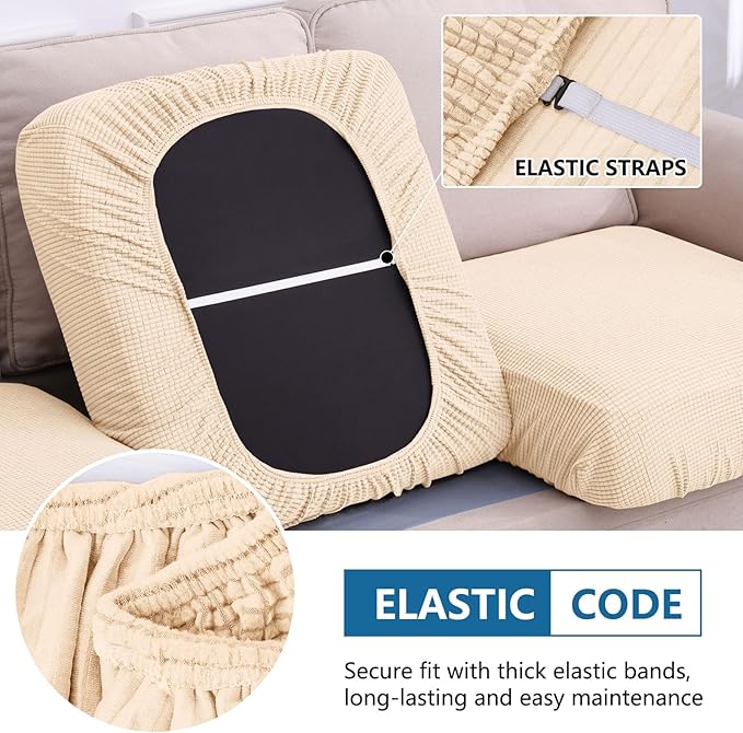 hyha Waterproof Sectional Couch Covers, Non Slip Sofa Couch Cushion Covers L Shape, Thick Stretch Jacquard Fabric, Washable Sofa Slipcovers with Elastic Bottom (1 Piece for Chaise XL, Beige)