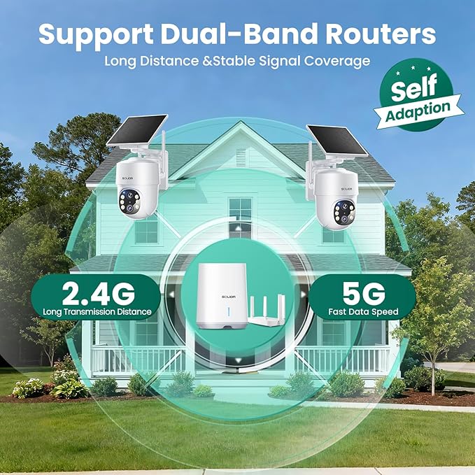 SOLIOM- 5MP Security Cameras Wireless Outdoor, No Subscription,2-Cam Pack, Solar Powered Home Security Camera with 360° Auto Tracking, Pan & Tilt, 3K Color Night Vision,5G & 2.4G Router Compatible