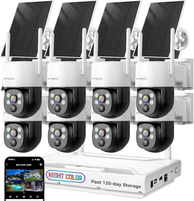 [Night Color] XMARTO 10CH 8Pcs 2K HD Wireless Solar Security Camera System with Starlight Color Night Vision, PTZ Control, Long Range WiFi6, HDMI View on Monitor, 0 Monthly Fee, 64GB Micro SD